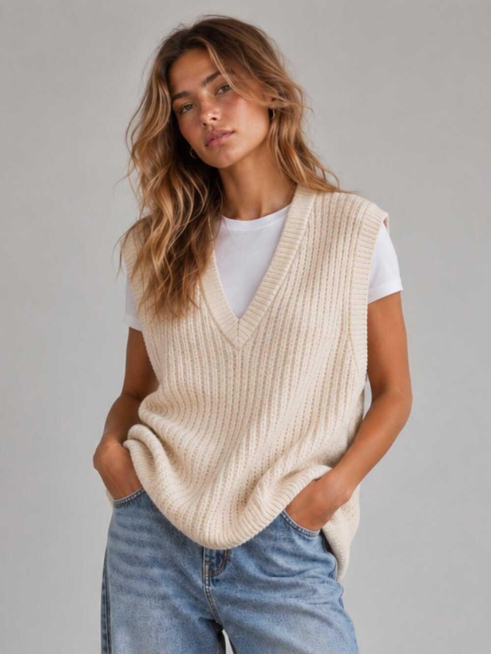 ABERCROMBIE & FITCH Oversized Ribbed V-Neck Sweater Vest Cream Preppy M EUC